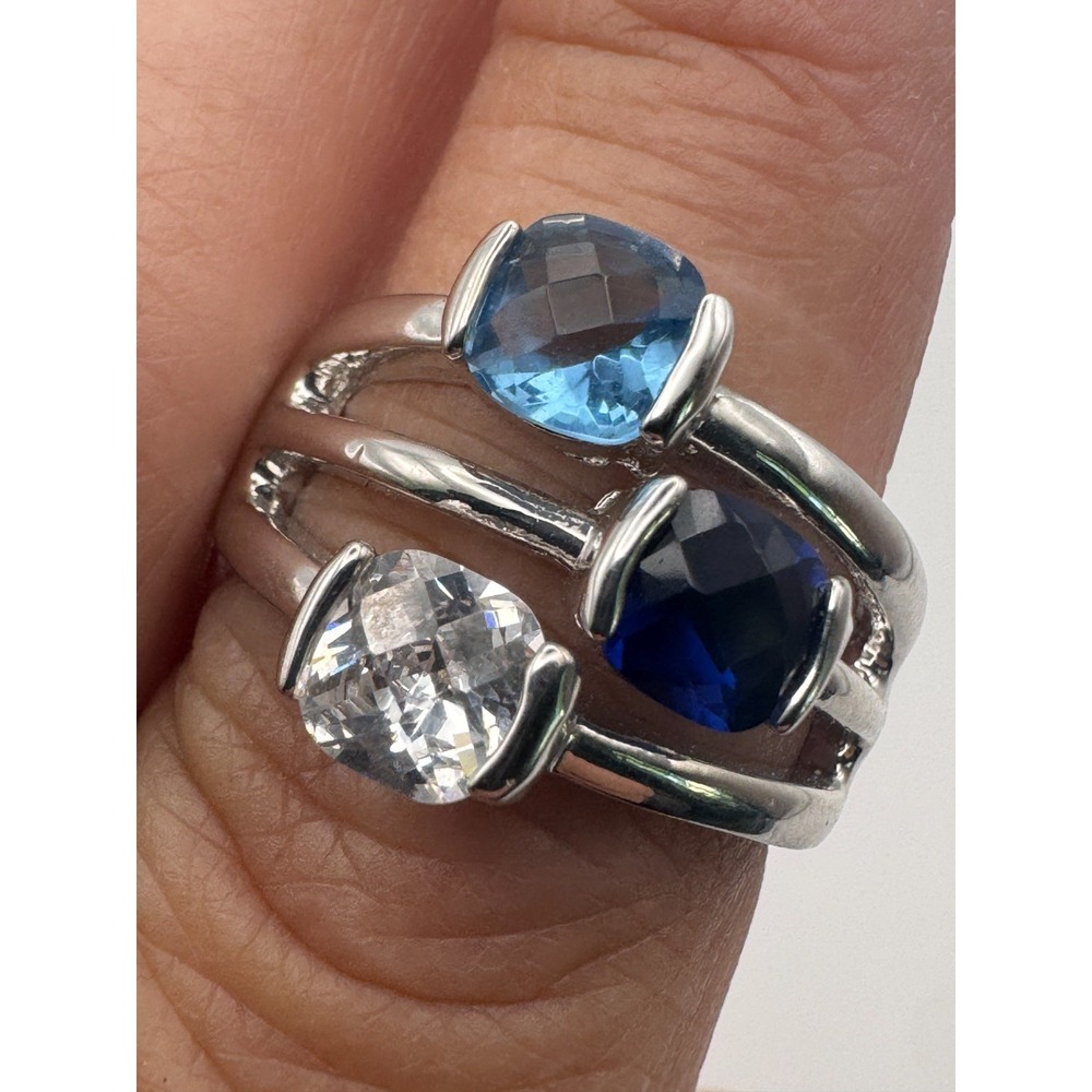 Lia Sophia Ring Gala Blue & Clear Crystal Silver Tone Statement Size 10